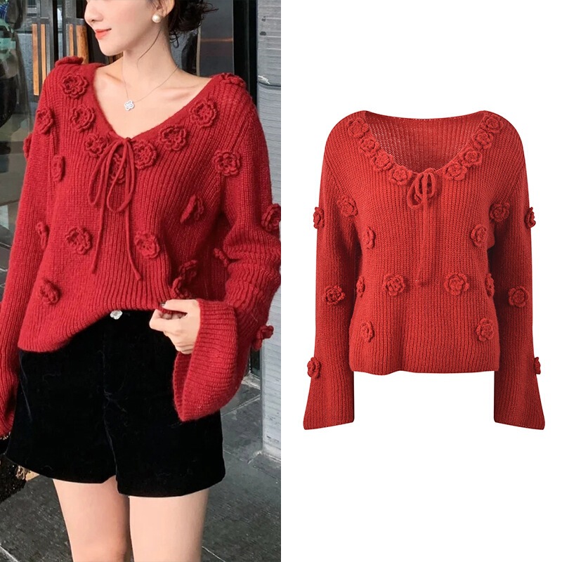 2025 early spring new style, casual and gentle style, three-dimensional floral V-neck red loose short lace-up knit sweater for women