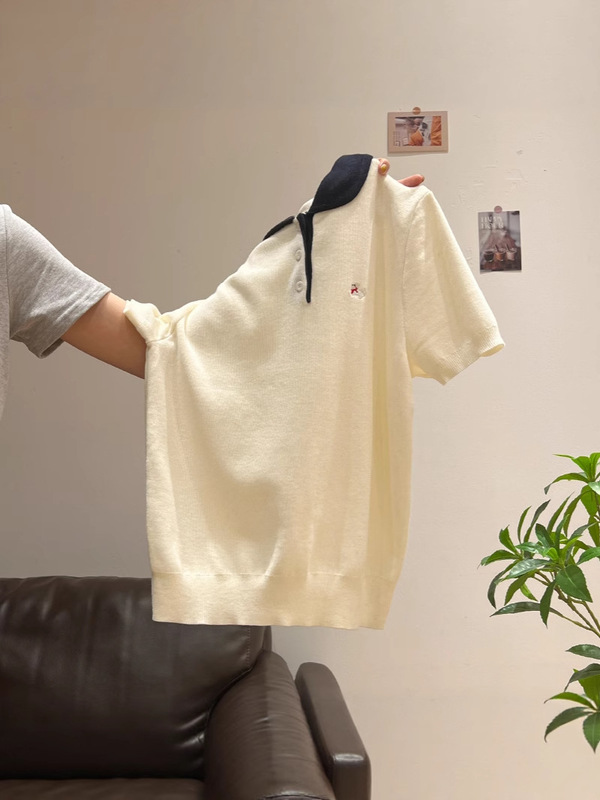 刺繍ポロカラーセーターレディース夏新作ボタンプルオーバー右肩半袖トップ|undefined