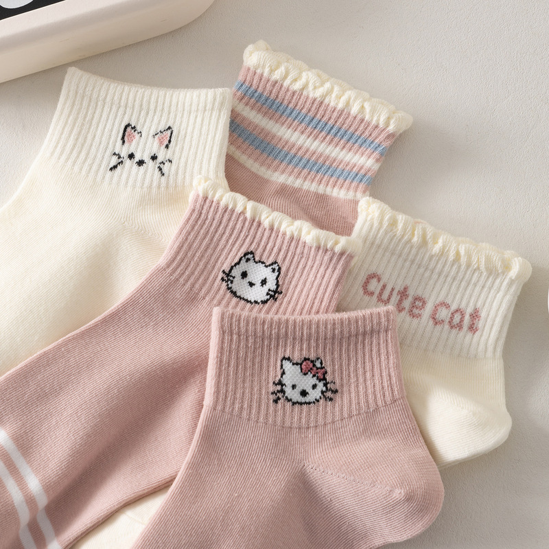 袜子女短袜秋季新款韩版短袜可爱学生袜粉色kitty猫白色花边袜子|undefined