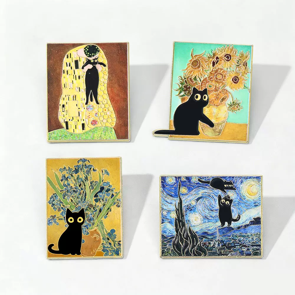 名画黑猫胸针梵高作品艺术衣饰包包装饰个性珐琅滴油工艺合金徽章