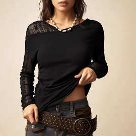 2026 春秋新款波西米亚风斜领露肩T恤女蕾丝拼接长袖修身显瘦上衣