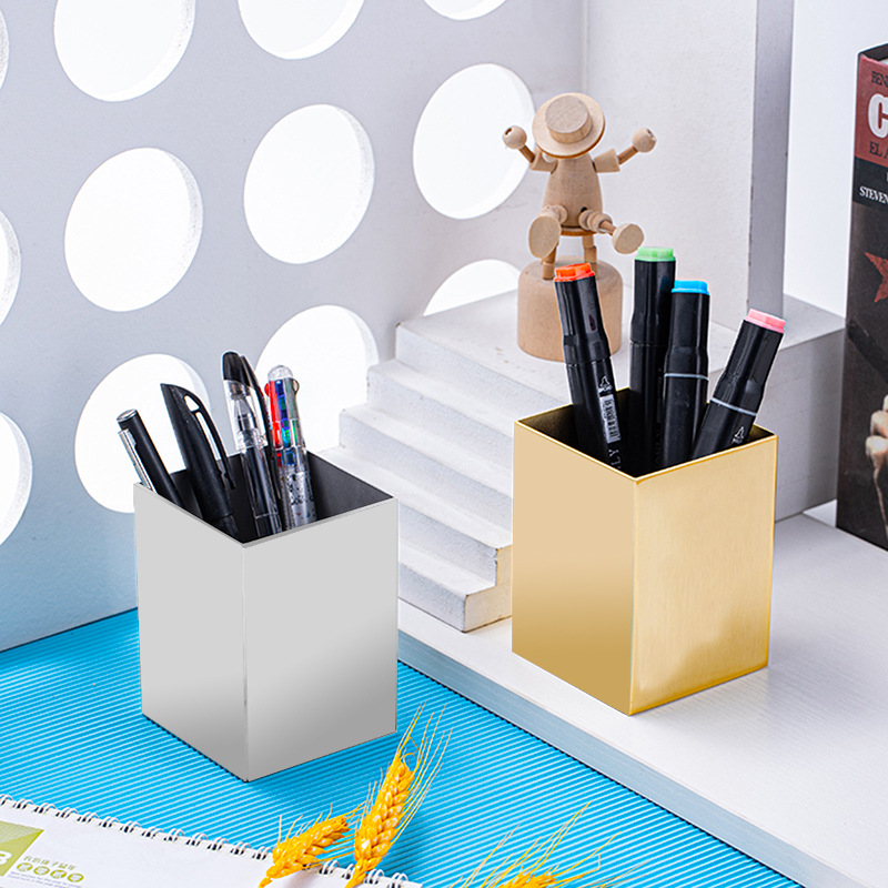 304 taza de acero inoxidable candelero taza florero cuadrado metal pluma titular 1mm engrosada escritorio adornos almacenamiento