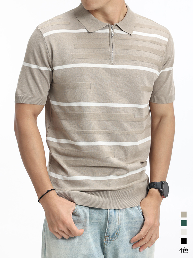 Europa y América transfronterizos hombres estriados textural polo camiseta de punto de verano con solapa de manga corta ropa de hombre de alta calidad casual hombre