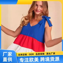 欧美夏季新款拼色荷叶边拼接一片式绑带半身裙女短袖v领防晒裙子