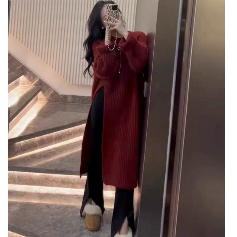 Осеннее длинное вязаноe шерстяное платье, oversize, средняя длина