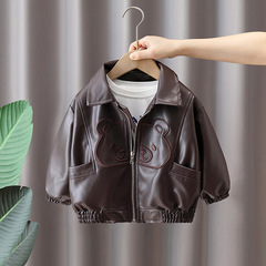 7603子供服男の子黒皮服コート春秋タイプ2025新型痞帅子供春韓版革ジャケット
