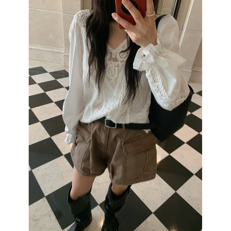 New Arrival~ Korean-style Retro Lace Crochet Patchwork V-neck Hollow-out Puff Sleeve Shirt Women's Loose Casual Top for Autumn New Arrival~ Korean-style Retro Lace Crochet Patchwork V-neck Hollow-out Puff Sleeve Shirt Women's Loose Casual Top for Autumn