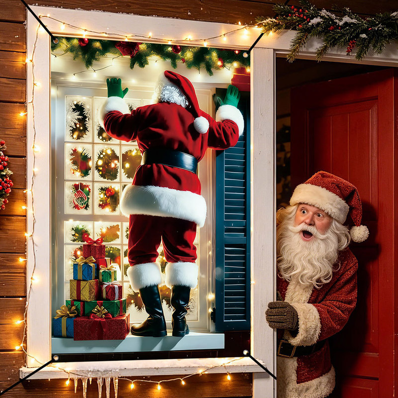 Cross-border team's best-selling Santa Claus fake window flag fabric, festive atmosphere window decoration curtain background hanging cloth