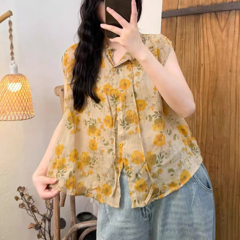 Floral Ramie Sleeveless Blouse 2026 Artistic Japanese Mori Girl Style Tie Collar Lightweight Versatile Cardigan Top for Women Floral Ramie Sleeveless Blouse 2026 Artistic Japanese Mori Girl Style Tie Collar Lightweight Versatile Cardigan Top for Women