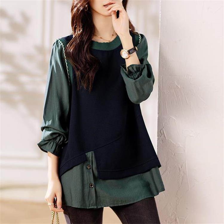 Fake Two-Piece Color-Blocked Long-Sleeve Top, 2026 Spring and Autumn, Loose Fit, Plus Size Women's New Fashion, Stylish and Elegant