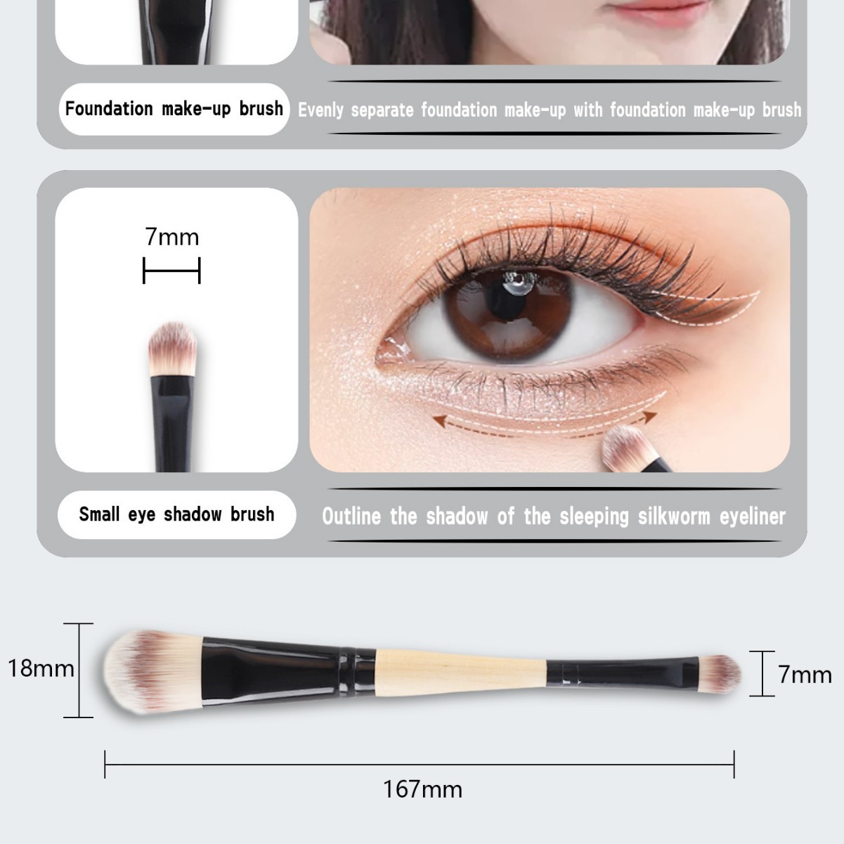 Doble cabeza cepillo de sombra de ojos de doble propósito cepillo de base de cepillo de maquillaje único herramienta de fibra suave cepillo de base de sombra de nariz cepillo de blanqueador