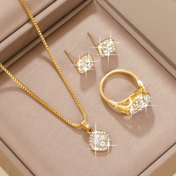 2026 New Luxury Geometric Jewelry Set with Diamonds, Three-Piece Set: Necklace, Ring, Earrings for Women with a High-End Feel