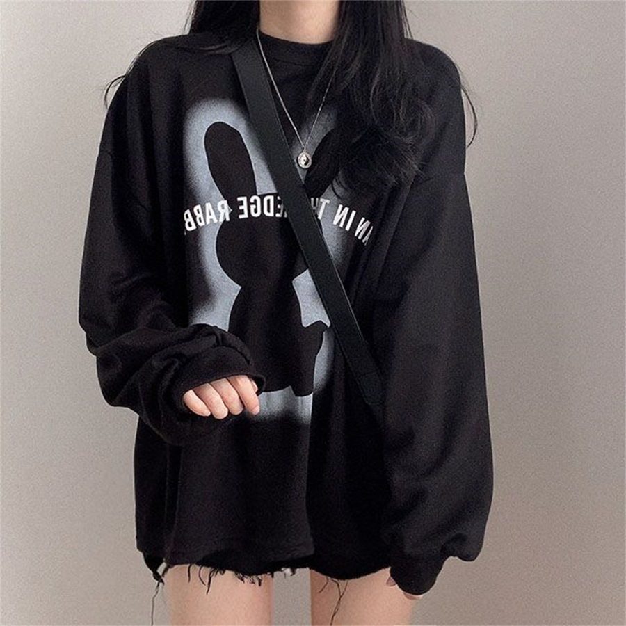Cotton solid color cartoon sweatshirt, women's loose Korean style, versatile, suitable for spring, autumn and winter, mid-length, fleece-lined and thickened.