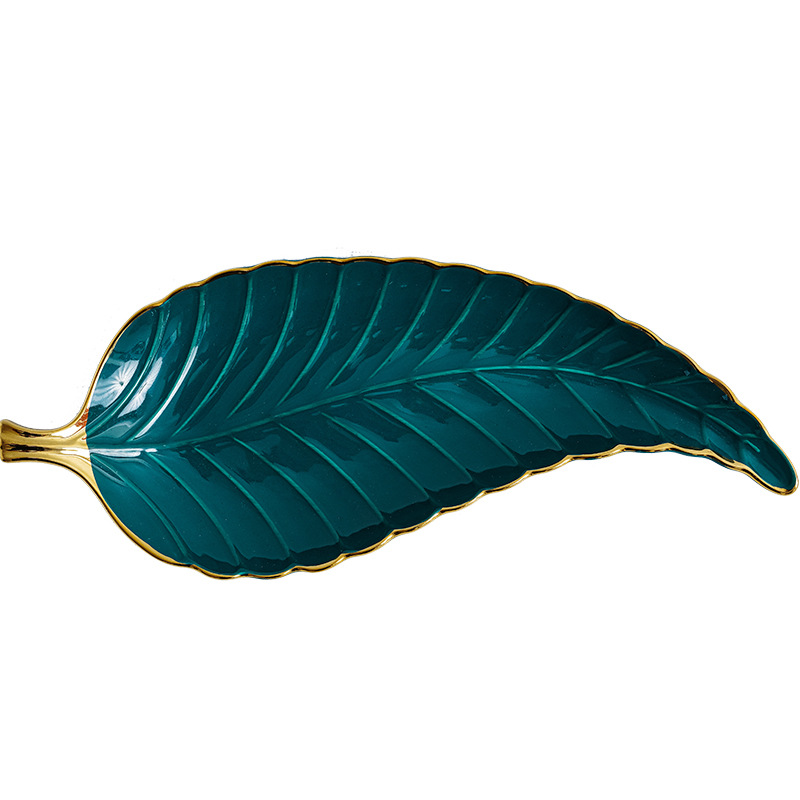 Nórdico ins hoja decorativa placa de cerámica de oro borde merienda plato de fruta almacenamiento en el hogar Decoración joyería bandeja