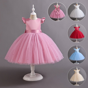 Children's Dress Girls Princess Dress Mesh Puffy Dress Flower Children Backless Bow European and American Little Girls Daily Performance