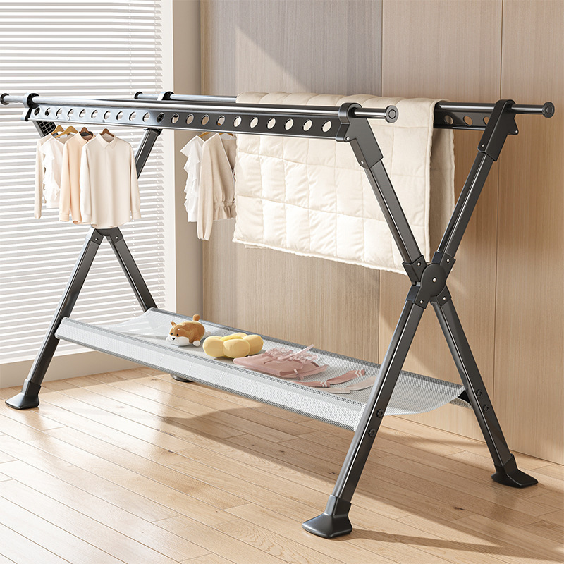 Aluminum Alloy Clothes Drying Rack, Floor-Standing Folding Clothes Rod, Household Indoor Clothes Hanger, Balcony Quilt Drying Artifact, Telescopic