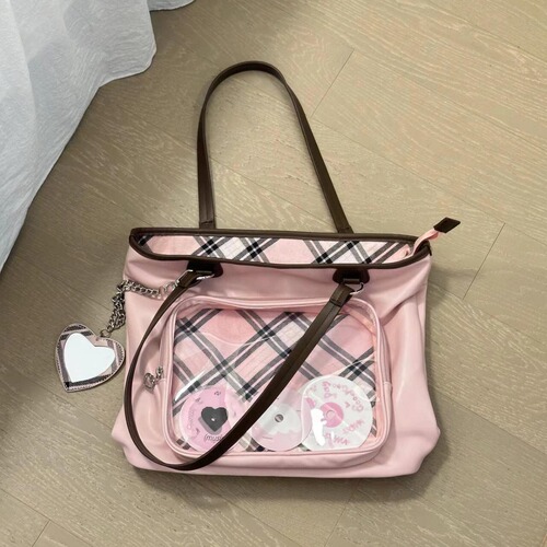 Large Capacity Gingham Pain Bag for Women, Niche Student Commute Versatile Multi-Compartment Shoulder Bag for Teenagers and Anime Fans