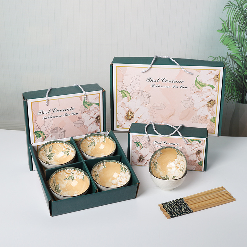 Underglaze color rice bowl ceramic tableware camellia bowl chopsticks suit gift box company activity store celebration gift