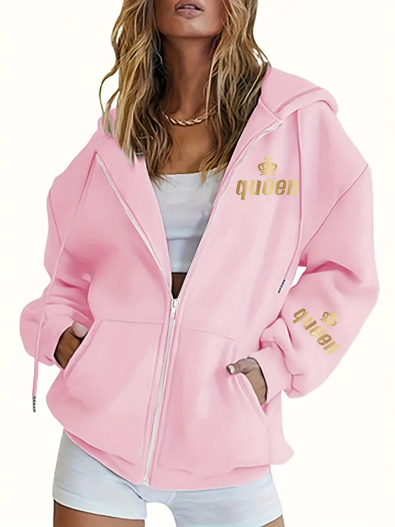Women's European American Style Letter Print Hooded Sweatshirt Zip Up Casual Fashion Jacket Autumn Winter Print_ecoleips.com