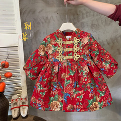 女童夾棉大花襖外套2023冬季新款新中式女孩旗袍裙棉服加厚拜年服