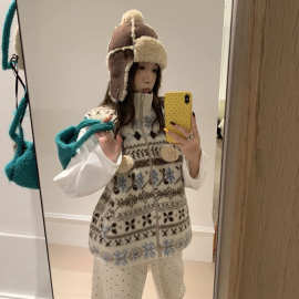 荒荒家费尔岛毛领马甲背心2025冬季新款复古学院毛绒茸无袖外套女