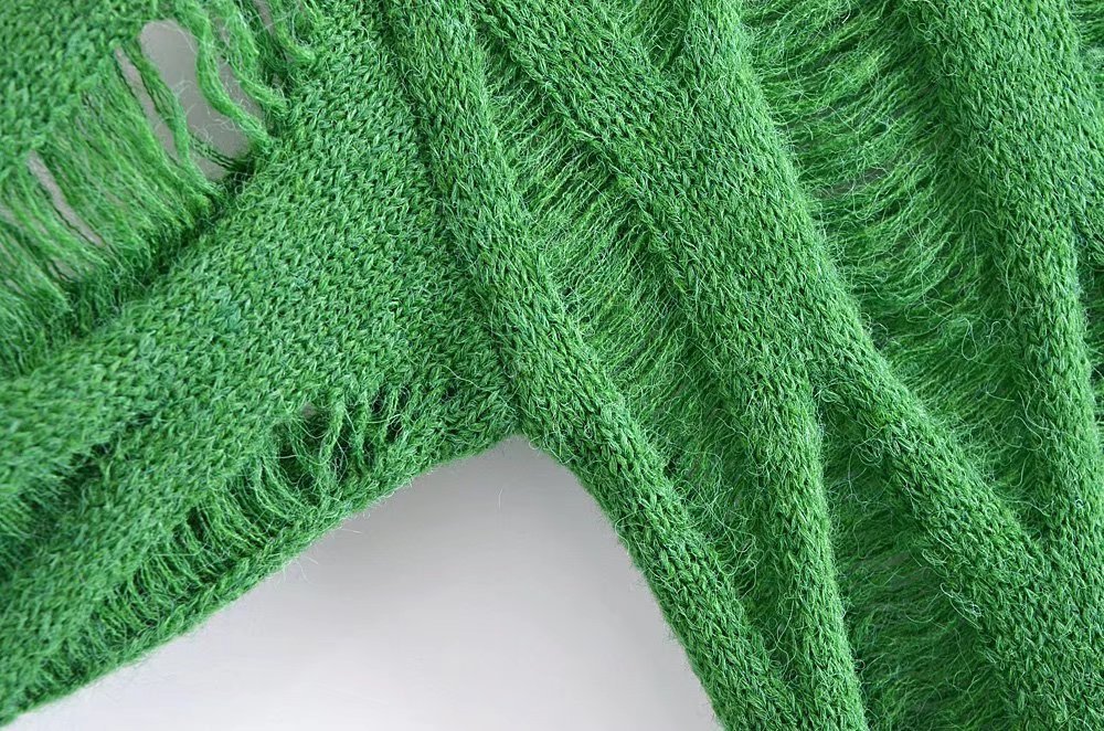 Green Ripped Knitted Turtleneck Sweater NSXFL103685