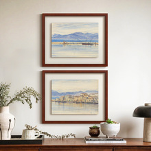 镜海》蓝色水彩风景画南法风复古艺术客厅装饰画法式餐厅玄关挂画