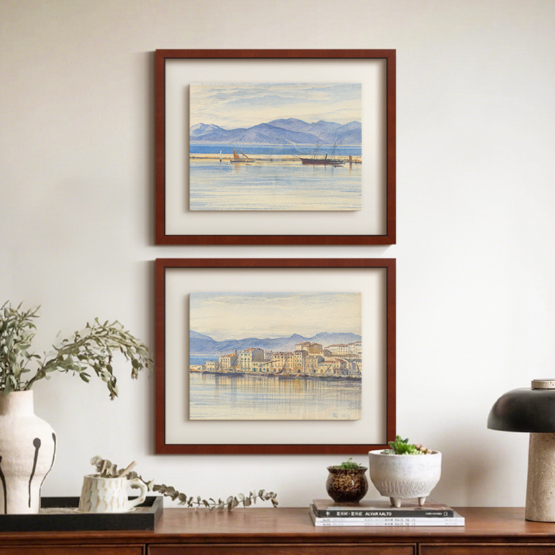 镜海》蓝色水彩风景画南法风复古艺术客厅装饰画法式餐厅玄关挂画