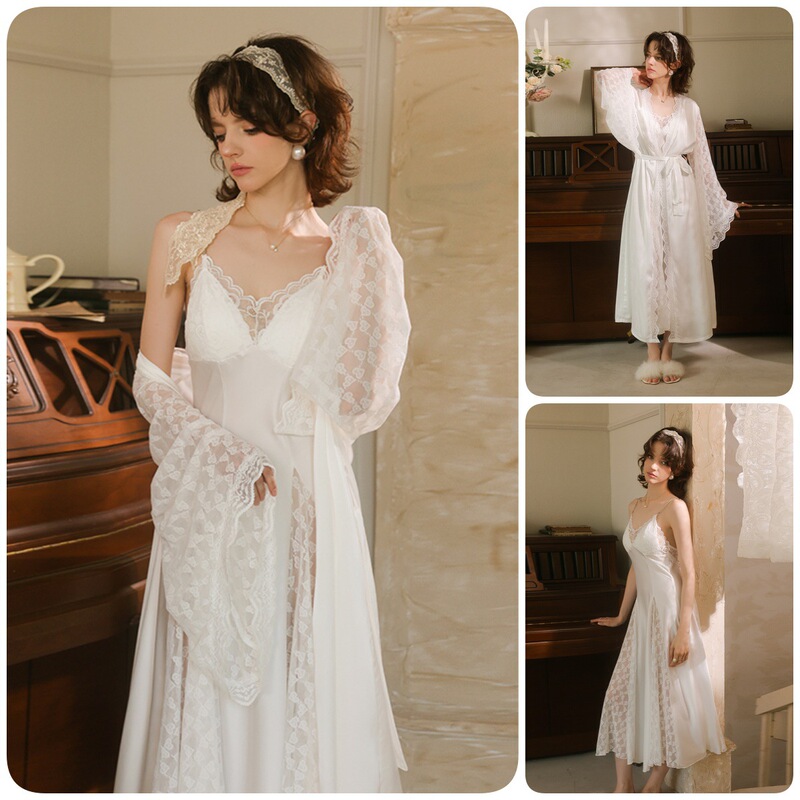 French Retro Lace Nightgown Two-Piece Set with a Fairy-Like Feel, Elegant and Comfortable Satin Suspender Nightgown and Robe Set 976 French Retro Lace Nightgown Two-Piece Set with a Fairy-Like Feel, Elegant and Comfortable Satin Suspender Nightgown and Robe Set 976