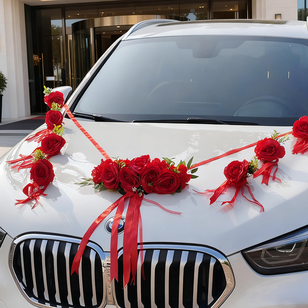 Decoración principal del coche de boda, simulación de flores, rosa china, diseño del equipo de boda, conjunto completo de automóviles de boda