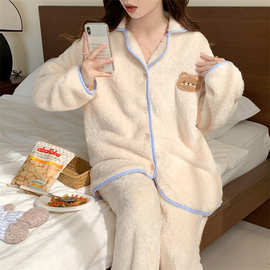 韩国chic女冬韩版纯色卡通小熊珊瑚绒加厚毛毛睡衣长袖套装家居服