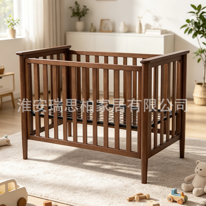 Solid Wood Fully Enclosed Baby Crib, Multifunctional and Adjustable, Metal Bed Board for Newborns, Cross-Border Factory Wholesale