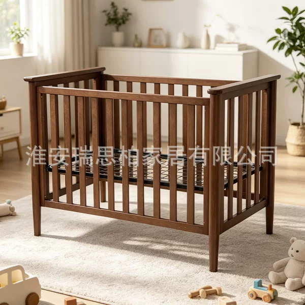 Solid Wood Fully Enclosed Baby Crib, Multifunctional and Adjustable, Metal Bed Board for Newborns, Cross-Border Factory Wholesale