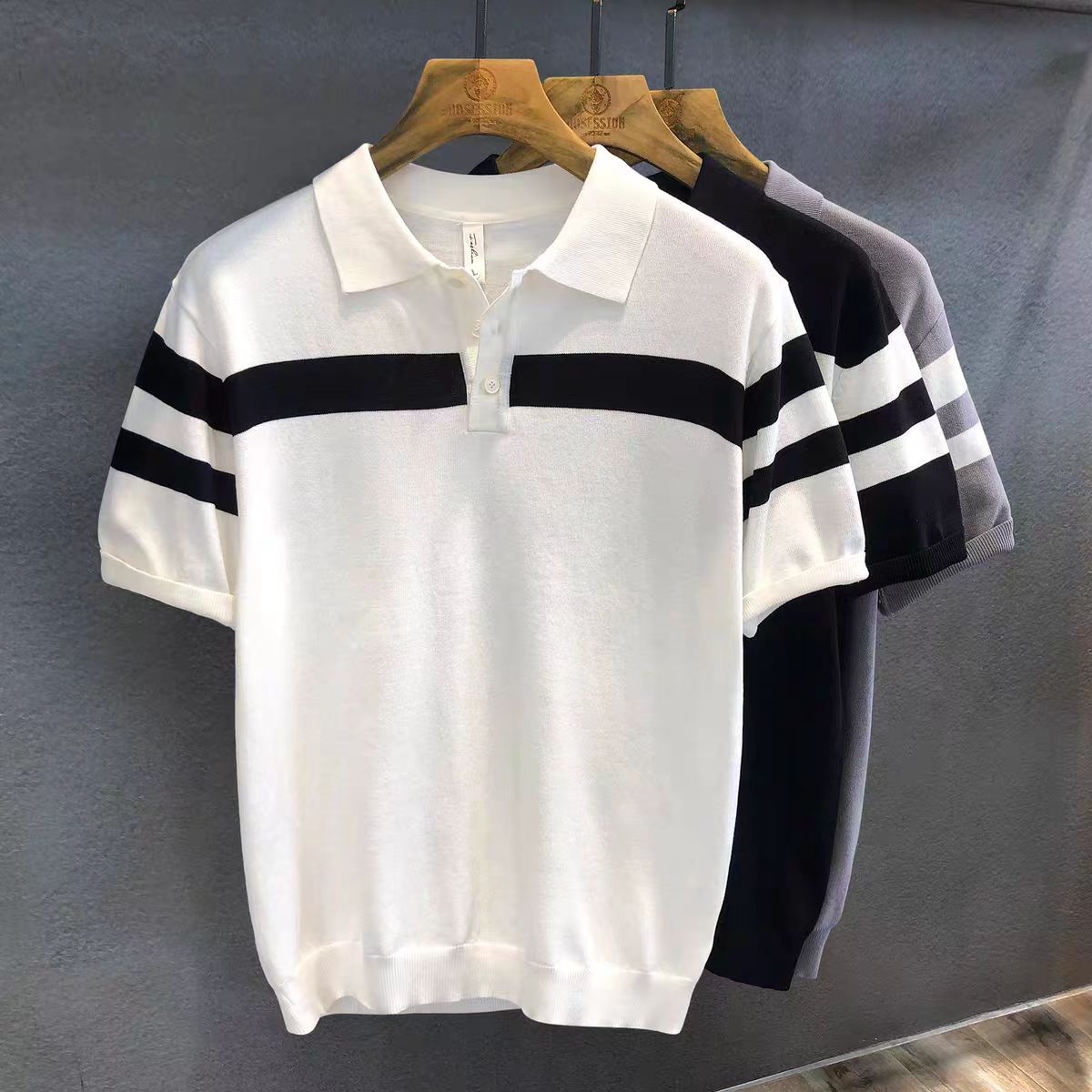POLO suéter de punto de manga corta con solapa para hombre, verano, seda de hielo, rayas, color a juego, negocio, delgado, marea, comercio exterior, venta al por mayor transfronteriza