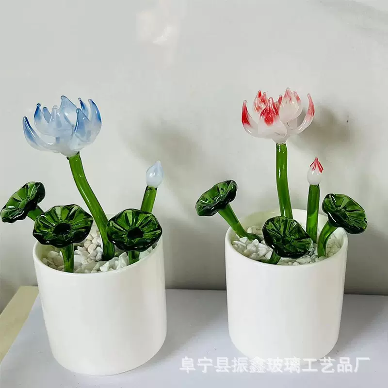 创意手工琉璃植物盆栽 水晶琉璃仿荷叶多肉摆件 迷你绿植装饰盆景