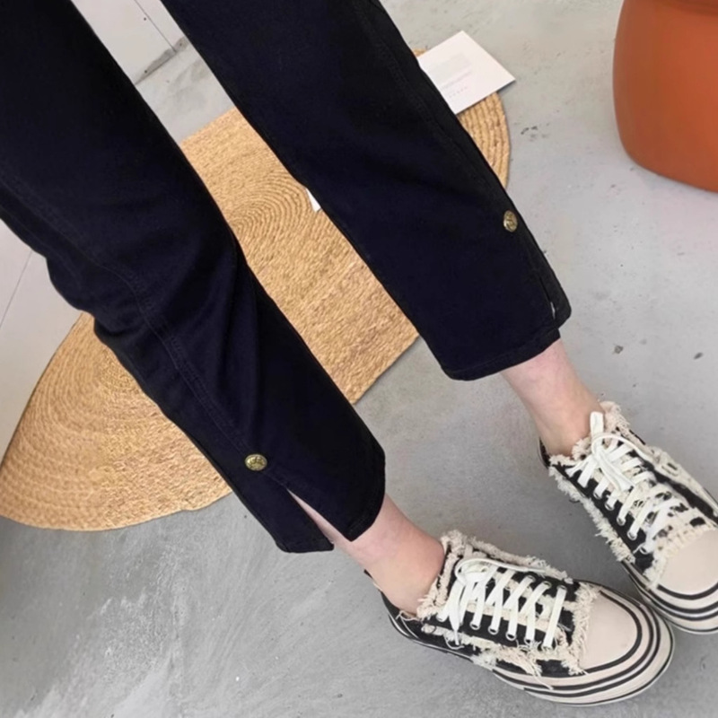 Black Straight-Leg Cigarette Pants for Women, Summer Thin High-Waisted Elastic Split Slimming Cropped Leggings Trendy