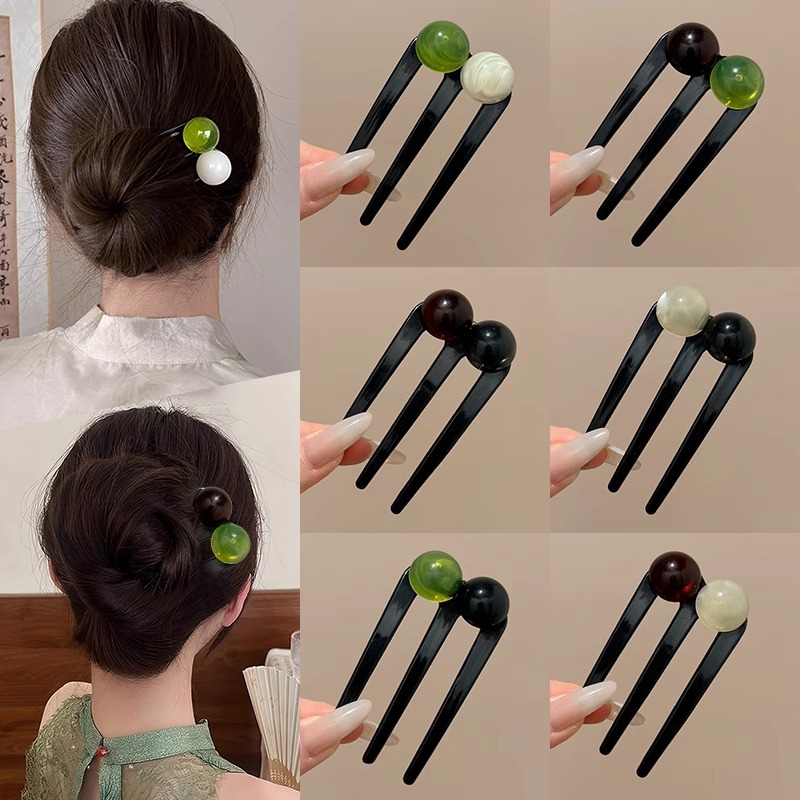 Nueva horquilla de tres dientes con cuentas en forma de U de estilo chino