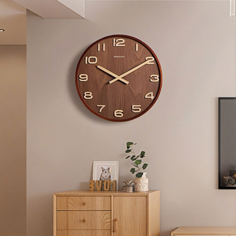 双十一特惠新中式实木挂钟客厅装饰免打孔静音时钟高端大气挂墙表