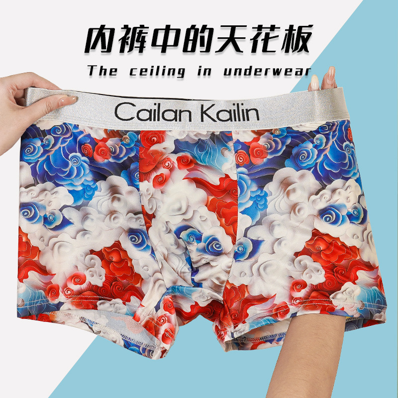 New Cross-border Wholesale Men's Ice Silk Underwear Boxers Printed Trendy Boxers Cold Breathable Pants Summer