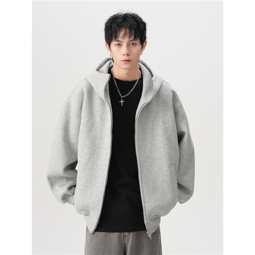 Vintage American-style solid-color large hat open sweater hoodie for men, autumn and winter loose and versatile wide-body double zipper coat, trendy