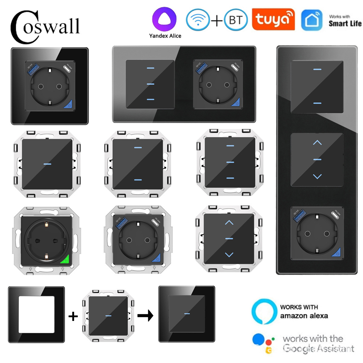 Glass DIY module black WIFI Tuya smart touch European standard wall socket with power statistics Alexa