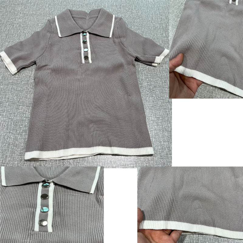 ヨーロッパとアメリカの半袖ラペルトップスニットタイトコントラストカラースタイルニットセータークロスボーダーOZONアマゾンTシャツ在庫あり