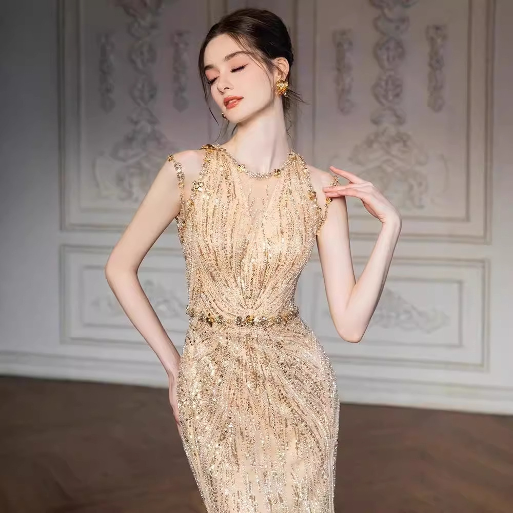 Golden Classy Evening Dress, New Prom Style, Elegant and Slim Dress, Sequined Sleeveless Dress