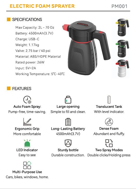 Electric car wash foam sprayer, wireless charging high-pressure PA sprayer, portable car cleaning supplies sprayer