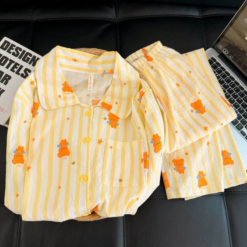 Transfronterizo al por mayor lindos rayas amarillas osos impresión pijamas de primavera y otoño nuevos pantalones de mangas largas set de ropa para el hogar