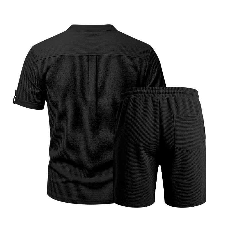 Men's Casual Henley Short Sleeve T-Shirt And Shorts Set Comfort-Focused Polyester Design for Summer_viptrois.com