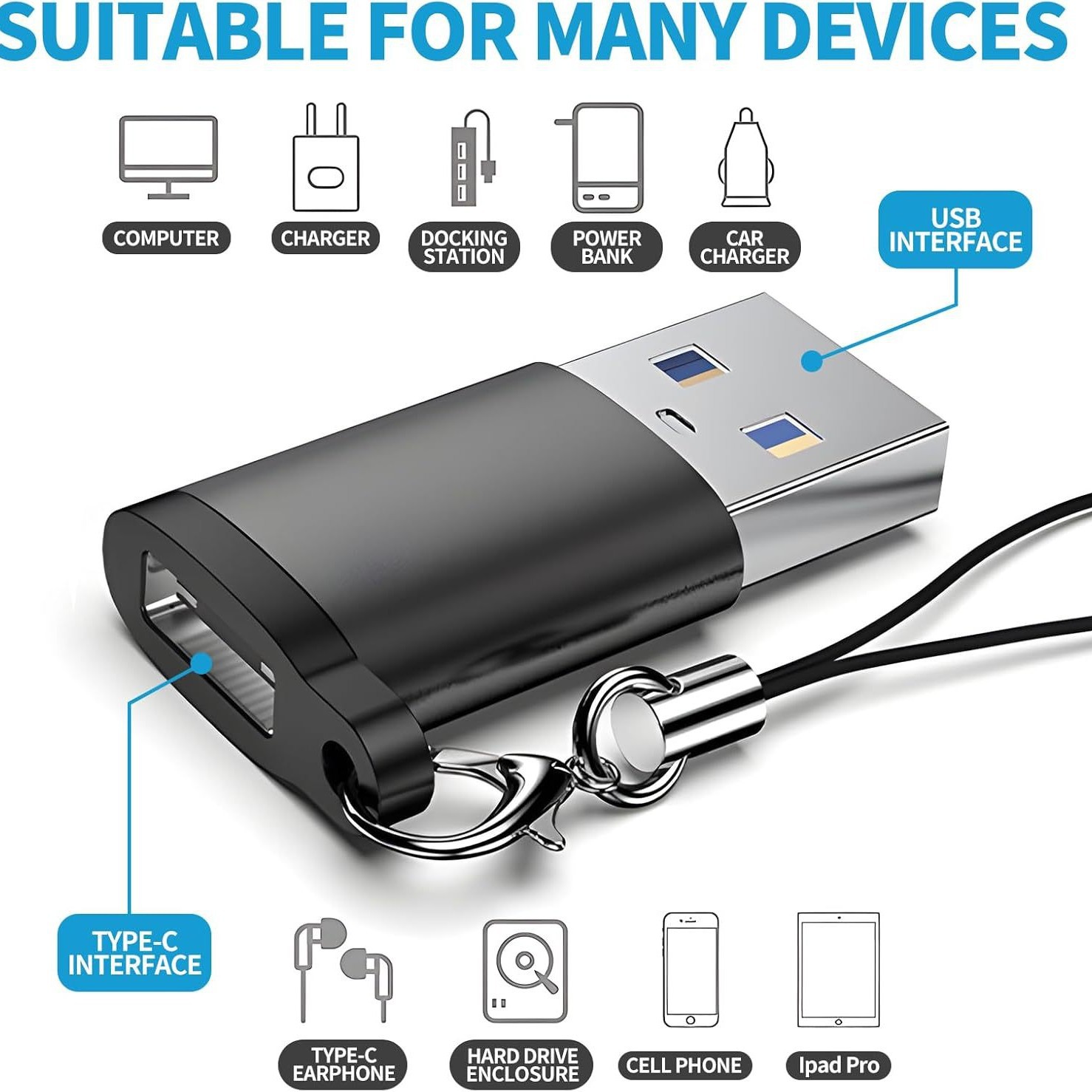 Type-C Dişi - USB 3.0 Erkek OTG Adaptörü Çok Fonksiyonlu Telefon Şarj Veri Transferi Dönüştürücü Taşınabilir