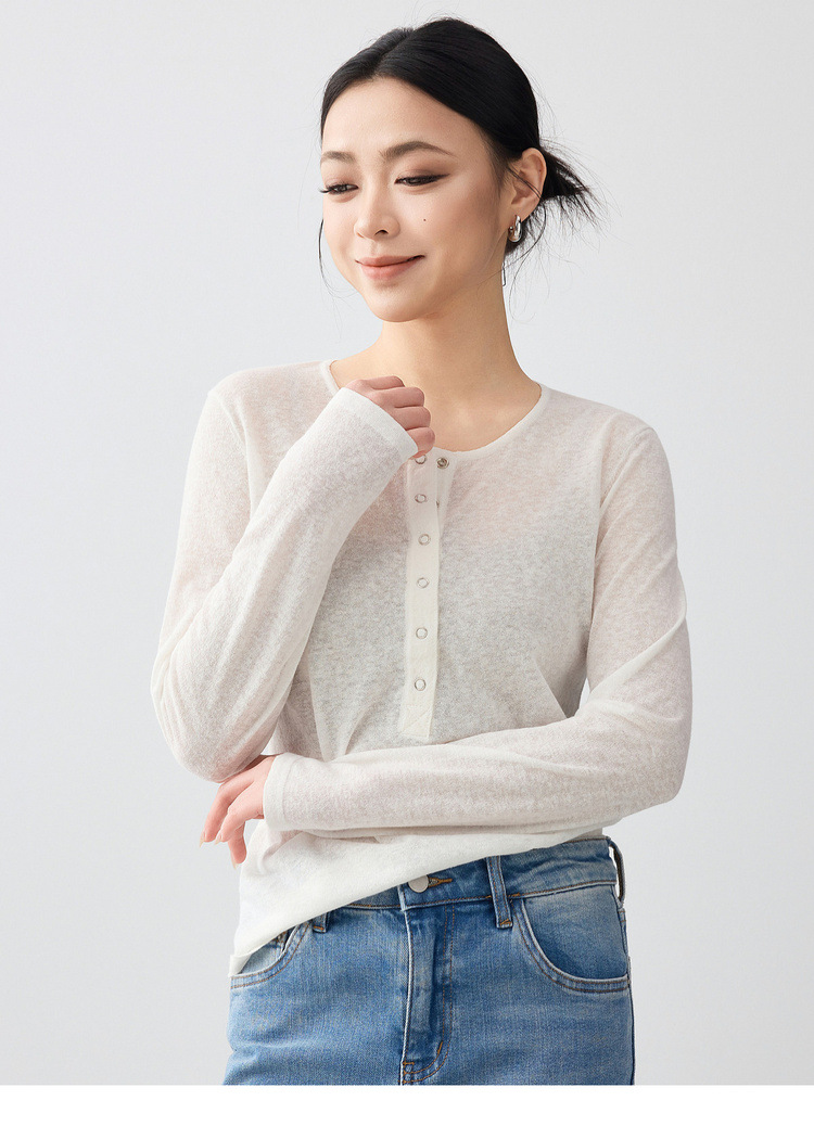 Áo chống nắng nữ cổ Henry dáng rộng chất liệu tre gai thoáng mát — màu xanh nhạt chi tiết 17