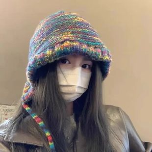 Dopamine Color Gradient Wool Hat Women's Autumn and Winter Big Head Circumference Rainbow Ethnic Style Warm Knitted Lei Feng Hat