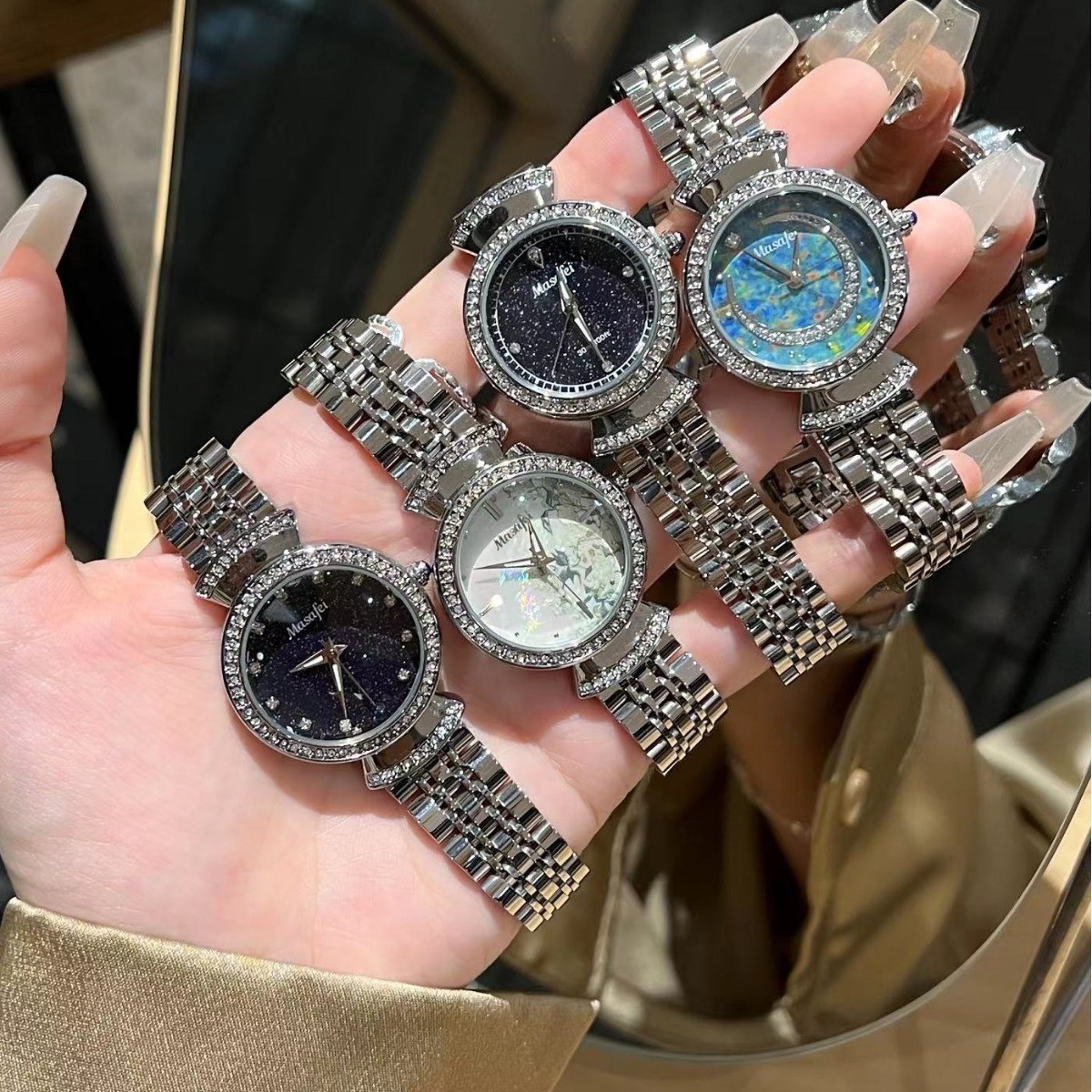 Cross-border Chaozhou Brand Star Fritillaria Marble Watch Women's Steel Belt with Diamond High-end Feeling Light Luxury Women's One Piece